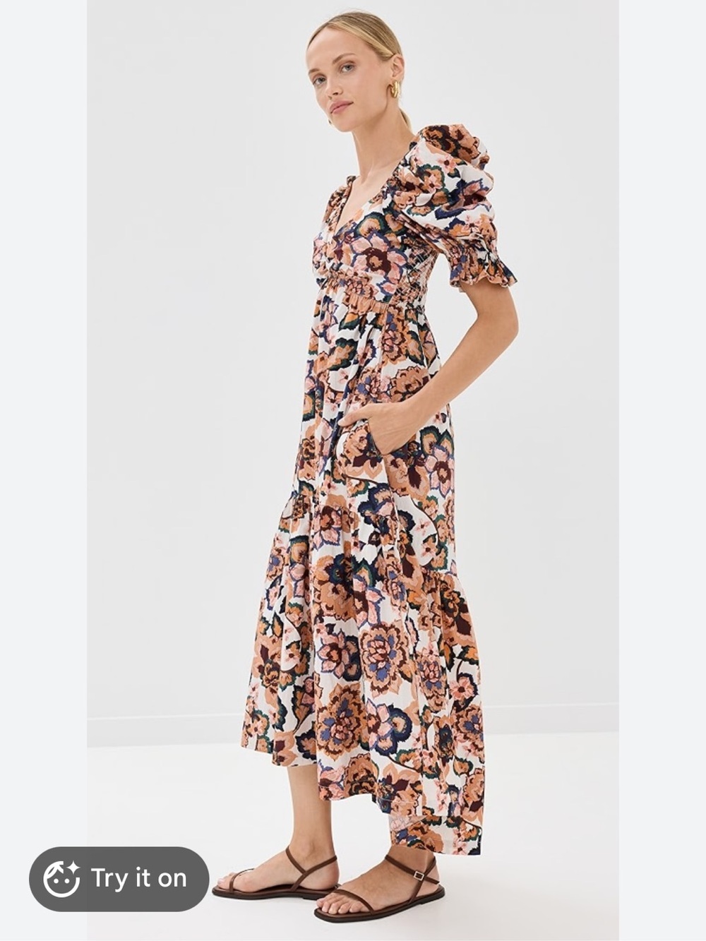 Cleobella jewel Floral Puff-Sleeve Midi/ maxi Dress prairie cottage core
